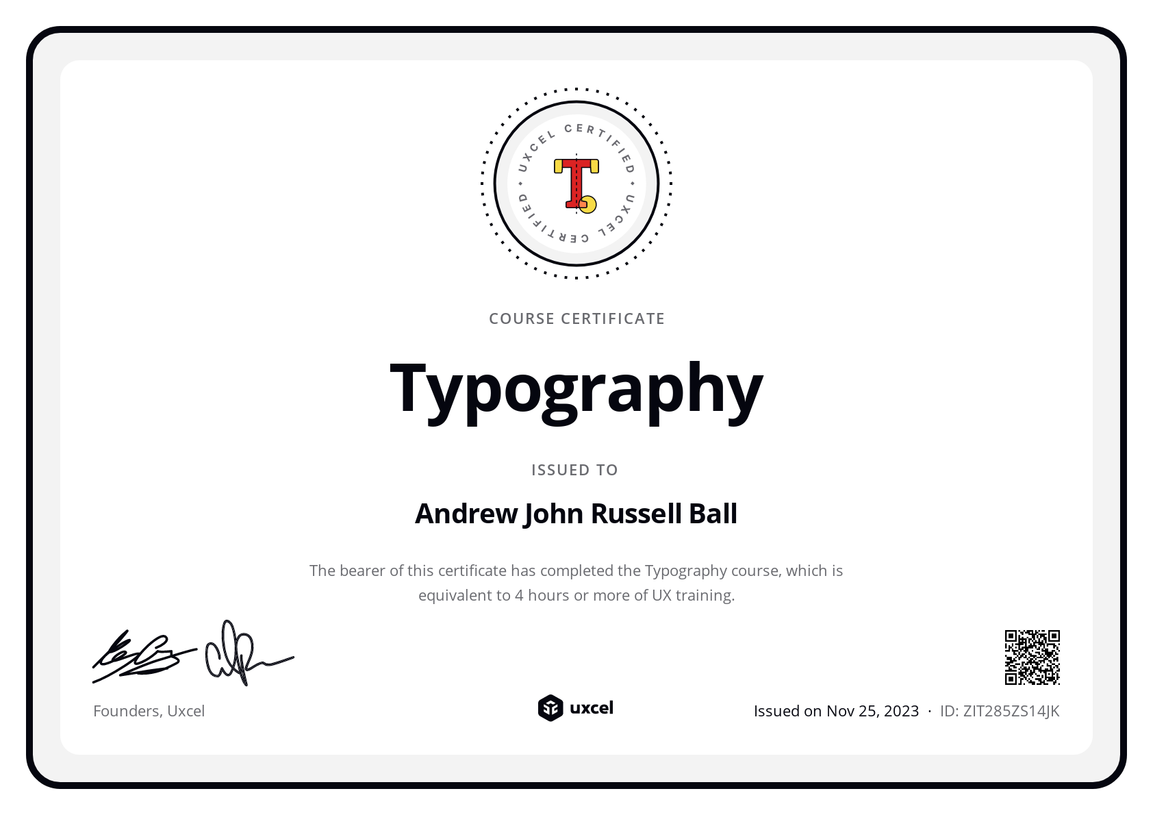 Andrew John Russell Ball's certificate